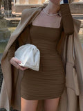 우아한 스퀘어 칼라 긴 소매 폴드 슬림 바디콘 드레스 여성 솔리드 컬러 스키니 미니 드레스 섹시 클럽 파티 베스디소