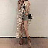 GETADME Longline Crochet Cardigan Button Front Sleeveless Sheer Open-knit Long Cover-up Jacket Women Summer Beach Vacation Outfit