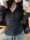 GETADME Women's Top Lace Patchwork Long Sleeve T-Shirt Base Shirt Fashion Vintage Fake Two-piece V-neck T-shirt Aesthetic Clothes