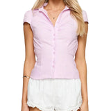 GETADME Women Summer Kawaii Solid Shirring Button Up Turn Down Collar Short Sleeve White Shirts Ladies Office Casual Summer Clothes