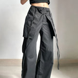 Getadme-Y2K Long Pants Mid Waist Women Loose Cargo Pant Comfortable Black Solid Color Vintage Relaxed Fit Drawstring with Large Pockets