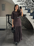 GETADME Elegant O Neck Short Sleeve Maxi Dress Women Fashion Solid Pleated Gauze Patchwork Dresses 2025 New Lady Office Commute Vestidos