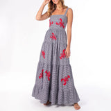 GETADME Women Cute Embroidered Maxi Dress Beach Dress Summer Boho Ruffle Long Dress Spaghetti Strap Flowy Maxi Dress
