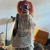 Getadme-Hollow Out Y2K Hooded Pullovers Women Goth Grunge Crochet Spider Web Tops Lady Sexy High Street Baggy Tassel Thin Clothes