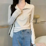 GETADME Y2K High Street Women Sweaters 2025 New Gray White Button Up Bottoming Pullover Woman Slim Fit Long Sleeve Knitted T-Shirt