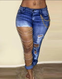 GETADME Women Jeans Pencil Pants Denim Sexy Big Holes Chain Washing Slim Pockets Streetwear Spring 2025 Slight Strech Solid Color