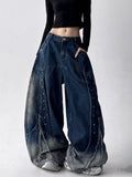 GETADME 2025 American Retro Y2K Style Patchwork Washed Black Baggy Women's Stacked Jeans Pants Woman Clothing Wide Leg Denim Trousers