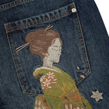 GETADME Japanese Kimono Girl Floral Embroidery Jeans Woman Wide Leg High Waisted Pants Y2k Artistic Design High Waist Trend Women Jeans
