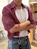 GETADME Men's Short-Sleeved Button-Up Shirt, Retro Red Checkered Striped Casual Shirt, Suitable for Summer Streetwear Tops