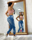 GETADME Women Denim Jeans Ankle Length Print Holes Pencil Pants Pockets Washing Slim Basics Zipper Fly Spring Flat Slight Strech