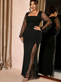 GETADME Women Black Plus Size Dress Square Neck Mesh Sequin Tassel Sleeve Bodycon Maxi Dress Party Cocktail Spring Summer Evening Dress