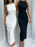 GETADME Sexy Women Long Dress Ruched Sleeveless Slim Solid Summer Party Back Split Dress Clubwear Female Vestido Outfits