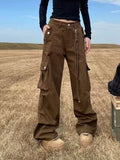 GETADME 2026 Ropa Y2K Streetwear Multi Pockets Brown Baggy Cargo Jeans Pants For Women Clothes Straight Cotton Hip Hop New Lady Trousers