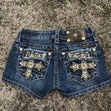 GETADME Mini Shorts Womens Harajuku Vintage Cross Graphic Pockets Embroidery Low Waist Shorts Gothic Sexy Hot Girl Hip Denim Shorts 2026