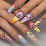 GETADME 24Pcs 3D Strawberry Rabbit Flower Fake Nails Press on Mid-length Almond Wearable False Nails Green Gradient Pearl Manicure Tips