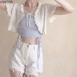 Gilet court Kawaii Lolita pour femme, chic, ajouré, bandage, fin, protection solaire, cape, haut court mignon, châle tricoté noir et blanc