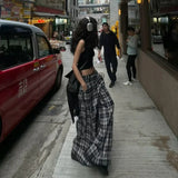 GETADME 여성 다크 아카데미아 2000년대 그런지 하라주쿠 루즈 캐주얼 팬츠 배기 플레드 팬츠 드로스트링 팬츠 트래시 Y2K 일본 고스