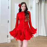 GETADME Vintage Flared Sleeve Puffy Mini Dress Women Elegant Waist-cinching Single Breasted Slim Party Dresses Female Chic Party Holiday