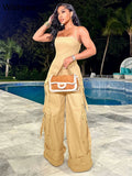 Combinaison-pantalon cargo GETADME Fashion à poches multiples, jambes larges, kaki, bretelles spaghetti, dos nu, style streetwear