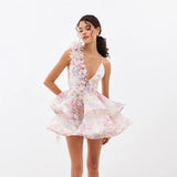 GETADME Fashion Print Ruffles Dress For Women V-neck Flare Sleeve Ball Gown Zipper Mini Dresses 2025 Summer Lady Elegant Party Vestidos