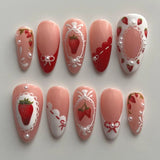 GETADME 24pcs Cute Pink Strawberry Press on Nails Spice Girl Almond Shaped Fake Nail Tips Full Cover Wearable Sweet Korean False Nails