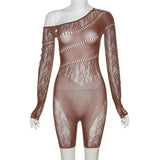 GETADME Summer Lace Hollow Out Mesh See Through Playsuits Women Knit Sexy One Shoulder Long Sleeve Skinny One Piece Overalls Outfits