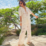 GETADME Women's Lapel Hollow-out Suit Short Sleeve Single Breasted Top Straight Leg Trousers Casual Sets Elegant Female Vacation 2PCS