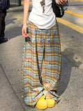 GETADME Y2K Plaid Wide Leg Pants Women Summer Streetwear High Waist Loose All Match Pants Casual Pockets Lady Mopping Trousers