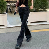 GETADME 2000s Clothes Y2k Low Rise Boot Cut Jeans Woman Casual Black Striped Denim Trousers Streetwear Flare Pants P77-DD25