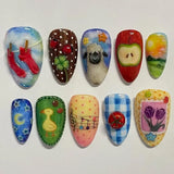 Getadme 24pcs Cute Cartoon Fake Nail Tips Oil Painting Series Printed Almond Press On Nail Sweet Cool Charming False Nail For Spicy Girl