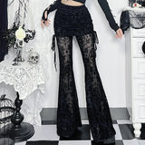 GETADME Gothic Dark Flocking Pants Women Streetwear Aesthetic Emo Alt Grunge See Through Lace-up High Waist Flare Pants Female