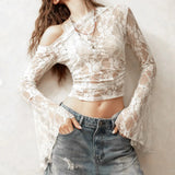GETADME SUCHCUTE Sexy Skew Collar Sheer Lace T-Shirts Women Flared Sleeves Slim Crop Tops Chic Casual Pullovers Smock Summer Party Club