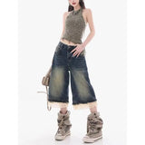 GETADME Summer Y2k Oversized High Street Spicy Girl Loose Wide Leg Cropped Pants Trendy American Washed Retro Sexy Lace Patchwork Jeans