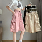 Getadme Summer Thin Cargo Shorts Women Y2K Loose Fashion Drawstring Pocket Shorts Bf Baggy Korean Streetwear Wide Leg Knee-Length Pants