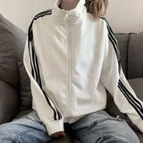 GETADME Spring Autumn New Three Bars Jacket Women's Thin Baseball Style Loose Bf Trendy Black Coat for Students Casual Outerwear