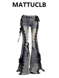 GETADME Women Dark Academia Goblin Core Harajuku Y2K Low Rise Lace Jeans Abi Denim Flare Pants Bell-Bottom Y2k Japanese Goth Gyaru Kpop