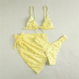 GETADME Yellow Floral Print Swimwear Mesh Cove Ups 3 Piece Bikini Set Damen Sexy Swimsuit Women 2025 Beach Wear Bikinis Swimming Wear