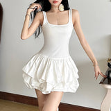 GETADME Sexy 2025 Women's Clothing Temperament Square Collar Sleeveless Ruched Fluffy Hem Stitching Tight Fitting Summer Club Dresses