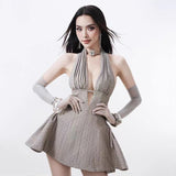 Getadme SylCue 홀터넥 딥 V 드레스 웨이브 포인트 불규칙 패치워크 백리스 셰이프 웨이스트 캐주얼 패션 스위트 슬리머 다재다능한 바디콘