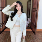 Getadme-Korean Fashion Tweed Jacket Ladies Temperament Buttons White Outwear Women High Quality French Vintage Streetwear Short Coat