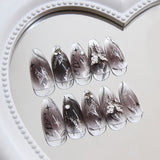 GETADME 24PCS Long Press On NailsStiletto Black Silver Bowknot Dissymmetry Fake Nails Powder Full Cover Fake Nail Set Nails Art