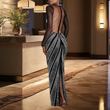 GETADME Elegant Mesh Patchwork Luxury Zip Up Full-Sleeve Evening Party Banquet Prom Long Dress High Waist Slim Elastic Maxi Vestido