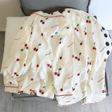 GETADME Cherries Print Two Pieces Pajamas Set Autumn Faux Cotton Pajamas Korean Fashion Home Clothes Ladies Pants and Top Set Pijamas