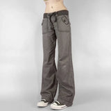 GETADME Retro Lace-up Low Rise Pants Streetwear Patchwork Loose Casual  for Women Harajuku Straight Trousers Korean Fashion