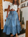 GETADME Bohemia Maxi Long Skirts Women Spring Summer Elastic High Waist Jean Skirt Ladies Vintage A-Line Ruffle Pleated Denim Skirts