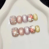 GETADME 10pcs Short Oval Shaped Press-On Nails - Color Block Stripes & Star Designs Glossy Mix-and-Match False Nails for Women and Girls