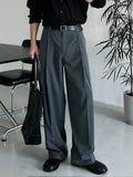 GETADME Minimalist Gray Striped Wide Leg Trousers Men Vintage Ice Silk Suit Pants Work Wear Old Money Straight Casual Loose Trousers