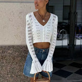 GETADME 툴라로즈 스프링 니트 가디건 여성 솔리드 V넥 홀로우 아웃 숏 니트 탑 패션 캐주얼 루즈 커뮤터 여성 티셔츠