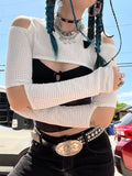 Getadme-Cutout Cold Shoulder Short T-Shirts Women Round Collar Long Sleeve Sun Protection Beach Cover-Up Streetwear Crop Tops