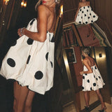 GETADME 2025 Summer Off Shoulder Strapless Dot Printing A-line Mini Loose Dresses Women Fashion Cute Club Elastic Robes